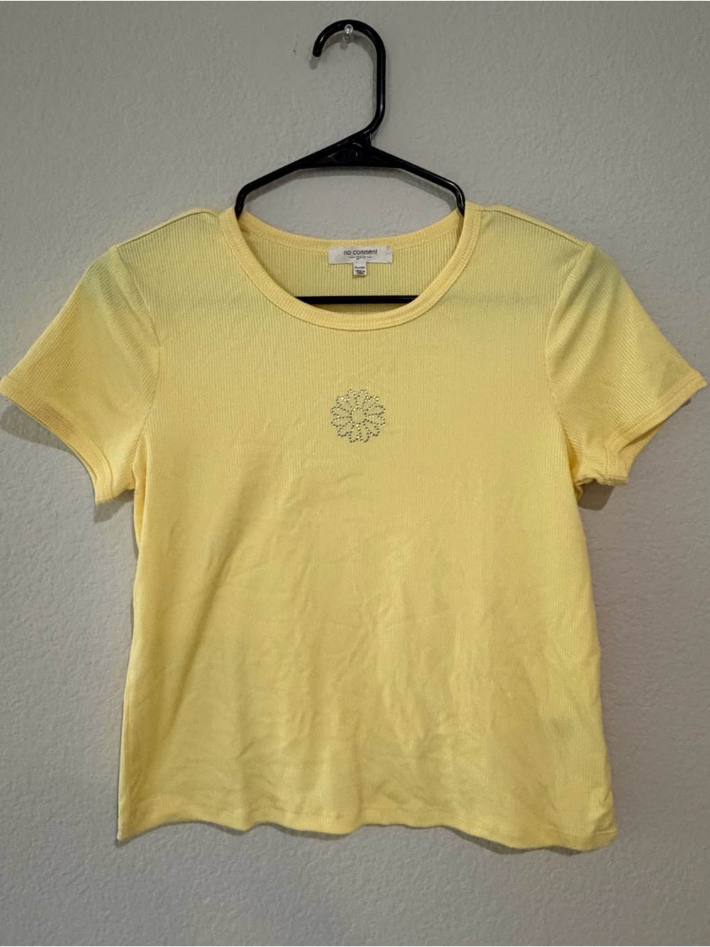 No Comment Girls XL 16 Yellow Ribbed Tee Rhinestone Daisy Short Sleeve Top
